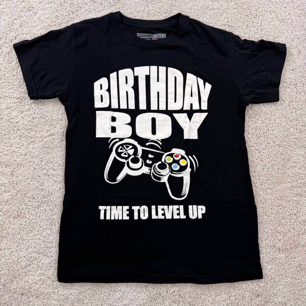 Brooklyn Vertical Boys Black Birthday Boy Level Up Video Game T-Shirt Size 14/16
